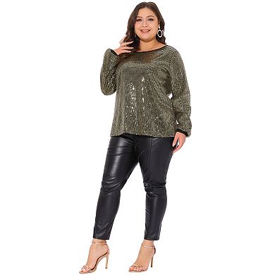 Plus Size Sparkly Sequin Top for Women Long Sleeve Glitter Concert Party Disco Shirt Blouse