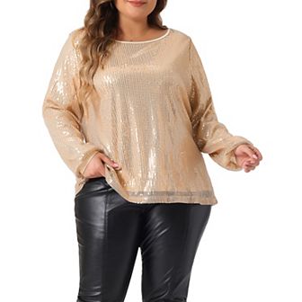 Plus Size Sparkly Sequin Top for Women Long Sleeve Glitter Concert Party Disco Shirt Blouse