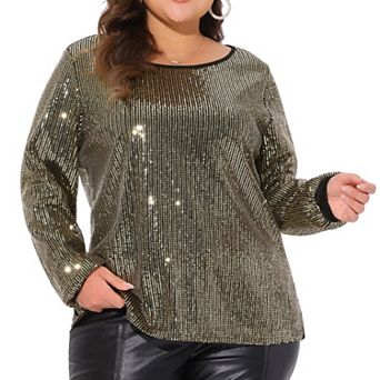 Plus Size Sparkly Sequin Top for Women Long Sleeve Glitter Concert Party Disco Shirt Blouse