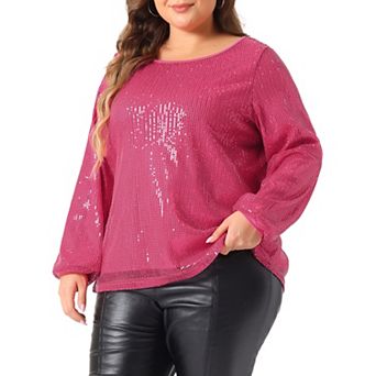 Plus Size Sparkly Sequin Top for Women Long Sleeve Glitter Concert Party Disco Shirt Blouse