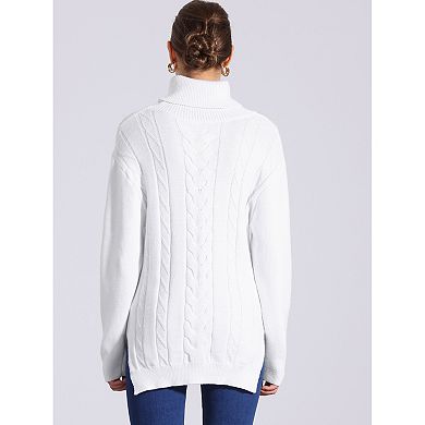 Women's Cable Knit Sweaters High Low Split Long Sleeve Turtleneck Jumpers
