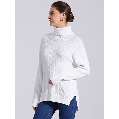 Women's Cable Knit Sweaters High Low Split Long Sleeve Turtleneck Jumpers