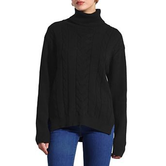 Women's Cable Knit Sweaters High Low Split Long Sleeve Turtleneck Jumpers