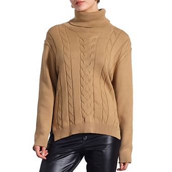 Women's Cable Knit Sweaters High Low Split Long Sleeve Turtleneck Jumpers