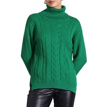 Women's Cable Knit Sweaters High Low Split Long Sleeve Turtleneck Jumpers