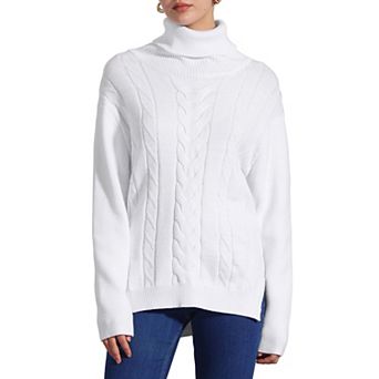 Women's Cable Knit Sweaters High Low Split Long Sleeve Turtleneck Jumpers