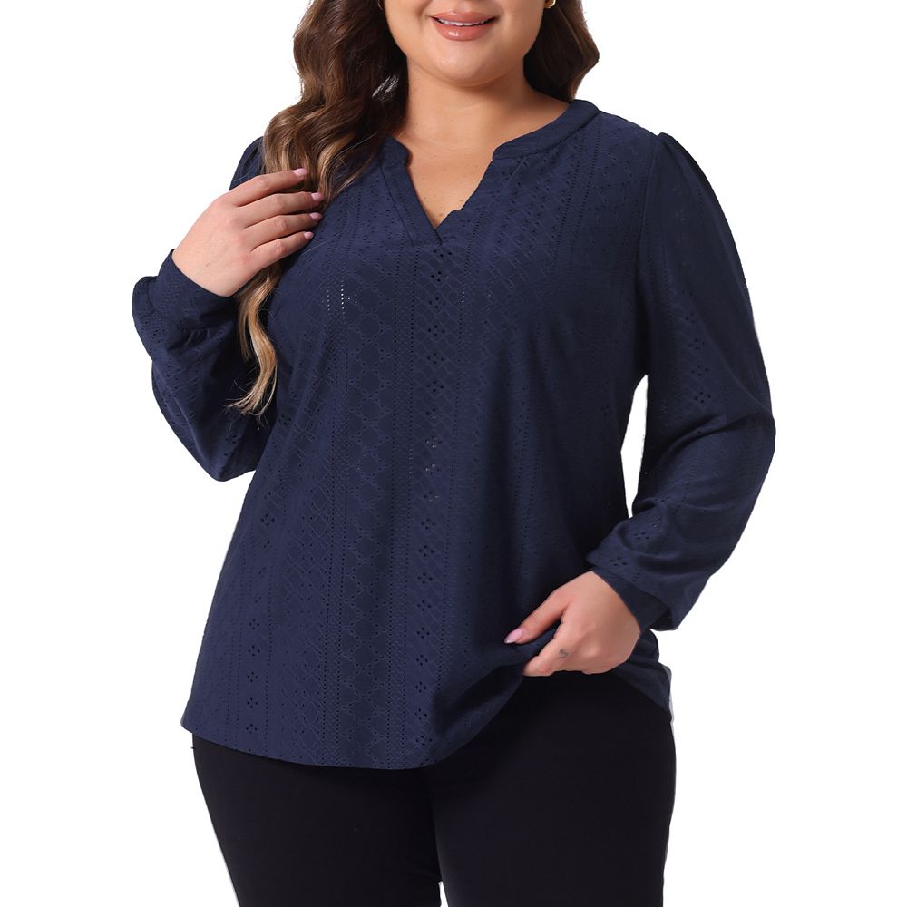 Plus Size Women's Tops Dressy Casual V Neck Long Sleeve Hollow Blouses ...