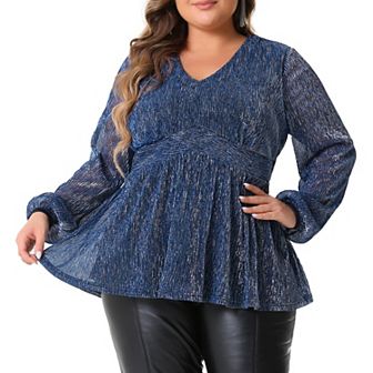 Plus Size Women's Glitter Tops Sequin V-Neck Waist Pleat Blouse Lantern Sleeve Sparkly Peplum Tops