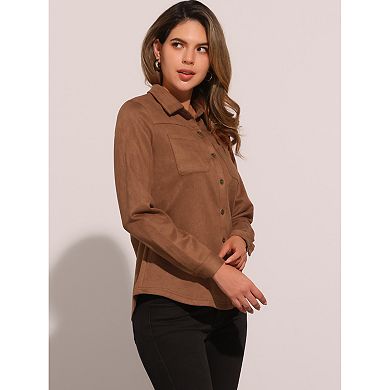Faux Suede Shirt for Women's Stretch Long Sleeve Button Up Casual Shirts Jacket