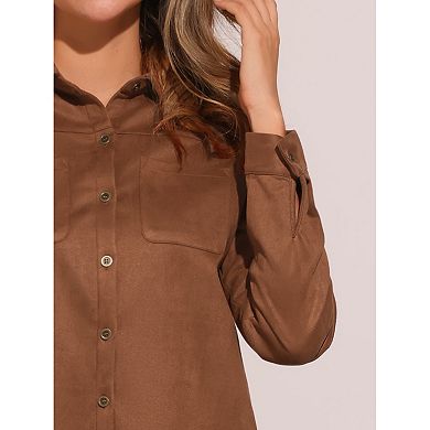 Faux Suede Shirt for Women's Stretch Long Sleeve Button Up Casual Shirts Jacket