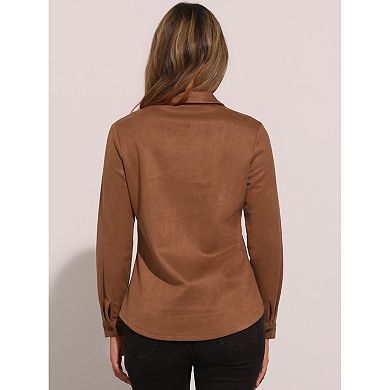 Faux Suede Shirt for Women's Stretch Long Sleeve Button Up Casual Shirts Jacket