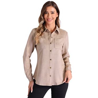Faux Suede Shirt for Women's Stretch Long Sleeve Button Up Casual Shirts Jacket