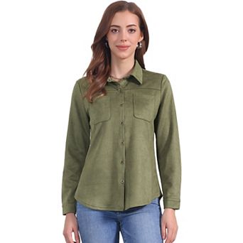 Faux Suede Shirt for Women's Stretch Long Sleeve Button Up Casual Shirts Jacket