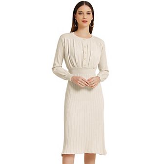 Women's Ribbed Knit Dress Crew Neck Pleated Lantern Sleeve Midi A-line Dresses
