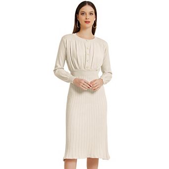 Women's Ribbed Knit Dress Crew Neck Pleated Lantern Sleeve Midi A-line Dresses
