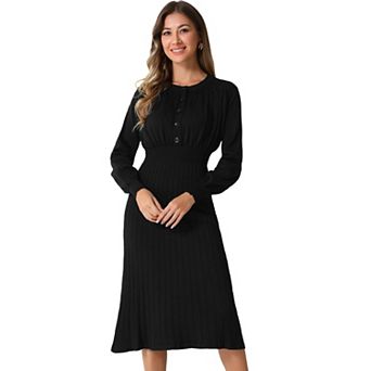 Women's Ribbed Knit Dress Crew Neck Pleated Lantern Sleeve Midi A-line Dresses