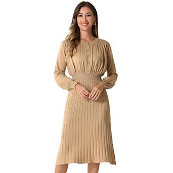 Women's Ribbed Knit Dress Crew Neck Pleated Lantern Sleeve Midi A-line Dresses