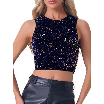 Sequin Tops for Women Crop Scoop Neck Sleeveless Sparkly Glitter Club Party Nightout Vest Tank Top