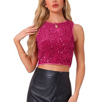 Sequin Tops for Women Crop Scoop Neck Sleeveless Sparkly Glitter Club Party Nightout Vest Tank Top