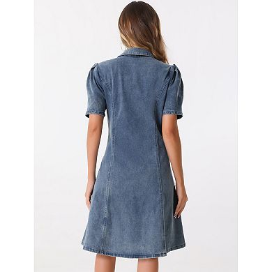 Denim Dress for Women's Puffy Sleeve Buttton Down Collared Jean A-Line Dresses