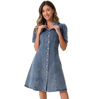 Denim Dress for Women's Puffy Sleeve Buttton Down Collared Jean A-Line Dresses