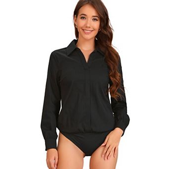 Leotard Shirt for Women's Collared Business Office Long Sleeves Bodysuit Work Shirt