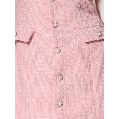 Tweed Dress for Women's Sleeveless Square Neck Button Up A-Line Pinafore Overall Dresses