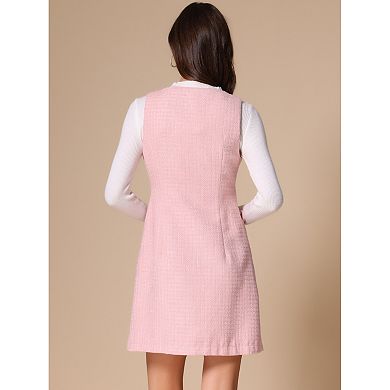 Tweed Dress for Women's Sleeveless Square Neck Button Up A-Line Pinafore Overall Dresses