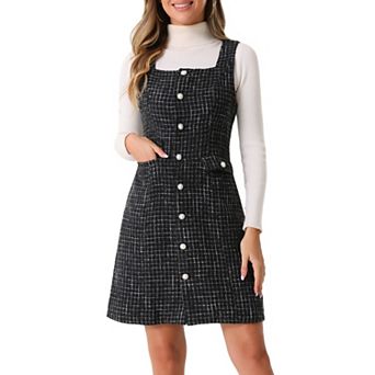 Tweed Dress for Women's Sleeveless Square Neck Button Up A-Line Pinafore Overall Dresses