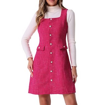 Tweed Dress for Women's Sleeveless Square Neck Button Up A-Line Pinafore Overall Dresses