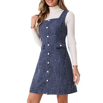 Tweed Dress for Women's Sleeveless Square Neck Button Up A-Line Pinafore Overall Dresses