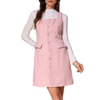 Tweed Dress for Women's Sleeveless Square Neck Button Up A-Line Pinafore Overall Dresses