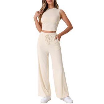 Women's 2 pc Casual Sets Crew Neck Sleeveless Crop Tank Wide Leg Pants Summer Lounge Set