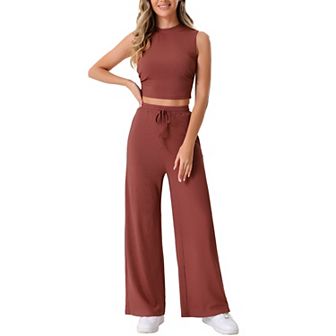 Women's 2 pc Casual Sets Crew Neck Sleeveless Crop Tank Wide Leg Pants Summer Lounge Set