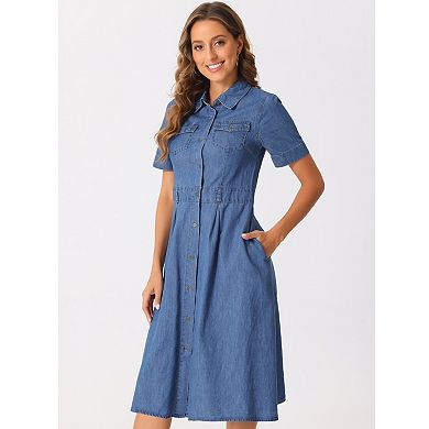 Denim Dress for Women's Collared Button Up Short Sleeve Casual A-Line Midi Jean Dresses