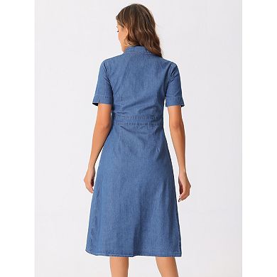 Denim Dress for Women's Collared Button Up Short Sleeve Casual A-Line Midi Jean Dresses