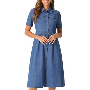 Denim Dress for Women's Collared Button Up Short Sleeve Casual A-Line Midi Jean Dresses