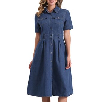 Denim Dress for Women's Collared Button Up Short Sleeve Casual A-Line Midi Jean Dresses