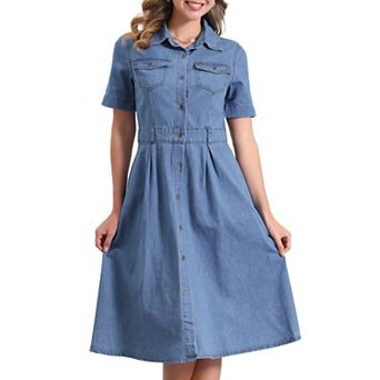 Denim Dress for Women's Collared Button Up Short Sleeve Casual A-Line Midi Jean Dresses