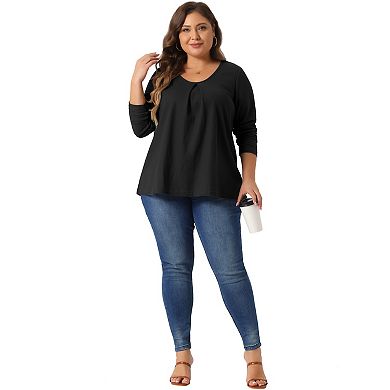 Plus Size Tops For Women Crew Neck Pleat Front Long Sleeve Work Shirt Waffle Knit Tops