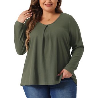 Plus Size Tops For Women Crew Neck Pleat Front Long Sleeve Work Shirt Waffle Knit Tops