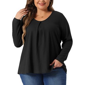 Plus Size Tops For Women Crew Neck Pleat Front Long Sleeve Work Shirt Waffle Knit Tops