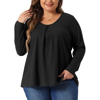 Plus Size Tops For Women Crew Neck Pleat Front Long Sleeve Work Shirt Waffle Knit Tops