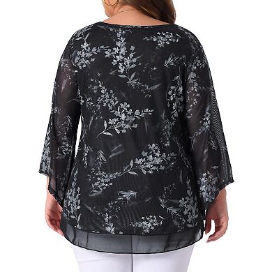 Plus Size Women's Dressy Blouse V Neck Mesh Casual Flowy Work Shirts 3/4 Flared Sleeve Tunic Tops