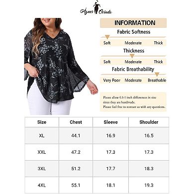 Plus Size Women's Dressy Blouse V Neck Mesh Casual Flowy Work Shirts 3/4 Flared Sleeve Tunic Tops
