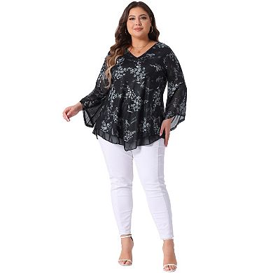 Plus Size Women's Dressy Blouse V Neck Mesh Casual Flowy Work Shirts 3/4 Flared Sleeve Tunic Tops