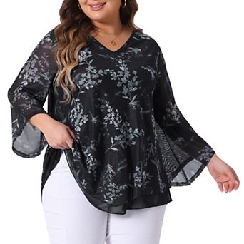 Plus Size Women's Dressy Blouse V Neck Mesh Casual Flowy Work Shirts 3/4 Flared Sleeve Tunic Tops