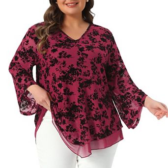 Plus Size Women's Dressy Blouse V Neck Mesh Casual Flowy Work Shirts 3/4 Flared Sleeve Tunic Tops