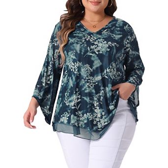 Plus Size Women's Dressy Blouse V Neck Mesh Casual Flowy Work Shirts 3/4 Flared Sleeve Tunic Tops