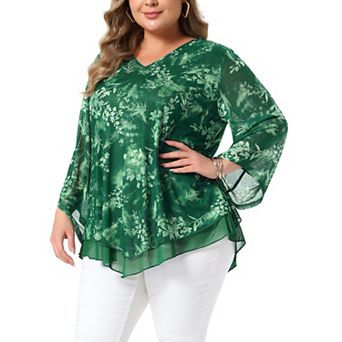 Plus Size Women's Dressy Blouse V Neck Mesh Casual Flowy Work Shirts 3/4 Flared Sleeve Tunic Tops